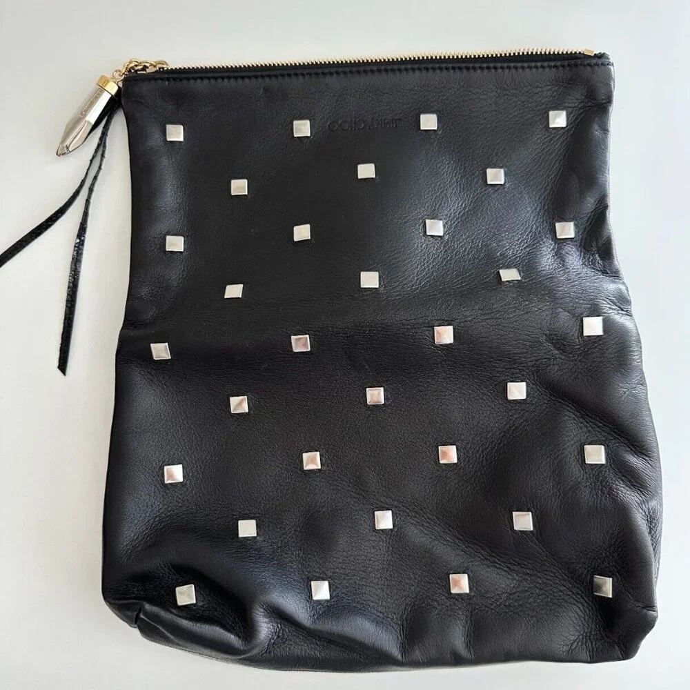 JIMMY CHOO Clutch Bag Black Leather Designer Studded Evening Handbag